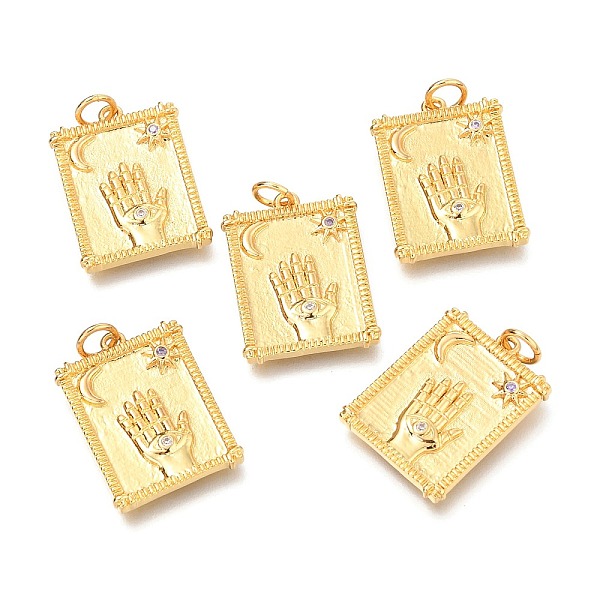 

PandaHall Brass Micro Pave Clear Cubic Zirconia Pendants, with Jump Rings, Rectangle with Hand & Moon & Star, Real 18K Gold Plated...