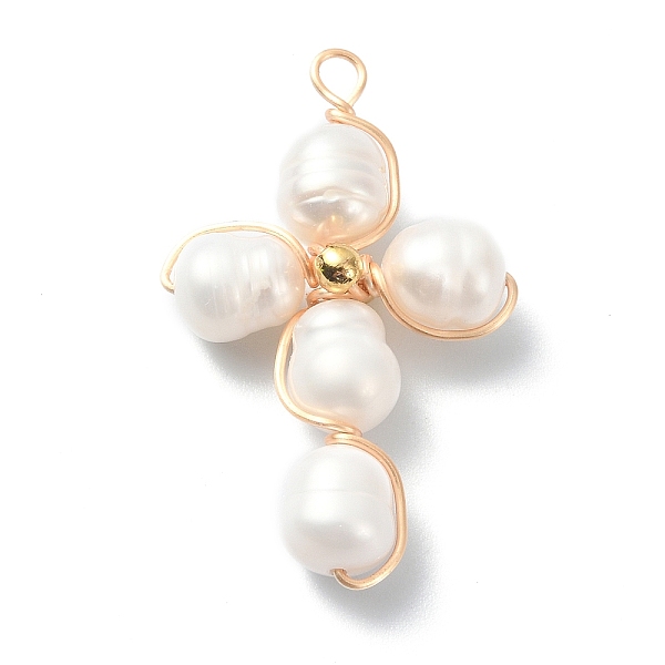 

PandaHall Natural Cultured Freshwater Pearl Copper Wire Wrapped Pendants, Cross Charms with Golden Plated Brass Beads, Seashell Color...