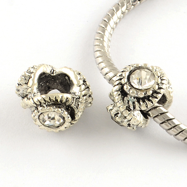 

PandaHall Alloy Rhinestone European Beads, Large Hole Beads, Antique Silver, Crystal, 12x13x8~9mm, Hole: 5mm Alloy+Rhinestone Rondelle Clear