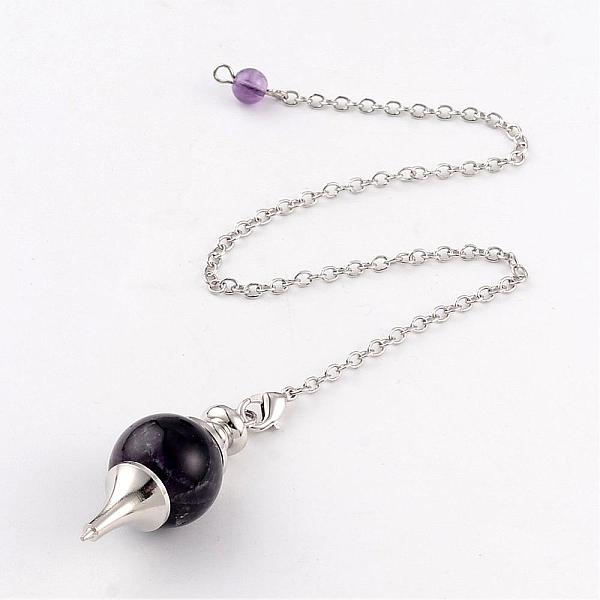 

PandaHall Natural Amethyst Sphere Dowsing Pendulums, with Platinum Tone Brass Cross Chain & Lobster Claw Clasps, 225~240mm Amethyst Round