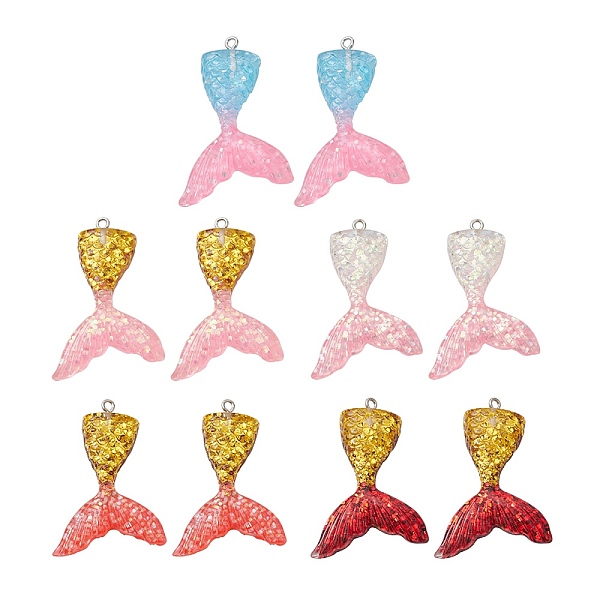 PandaHall 10Pcs 5 Colors Gradient Color Resin Pendants, Mermaid Tail Charms, with Glitter Powder and Platinum Tone Iron Loops, Mixed Color...