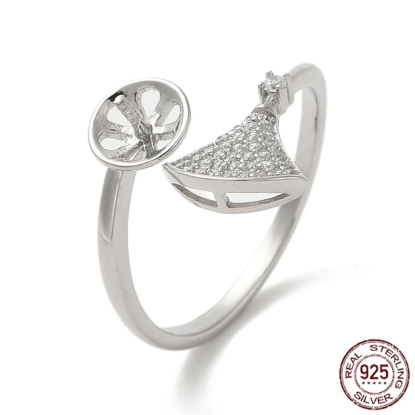 

PandaHall Rhodium Plated 925 Sterling Silver Micro Pave Cubic Zirconia Open Cuff Ring Settings, for Half Drilled Beads, Fan, with S925 Stamp..., Clear