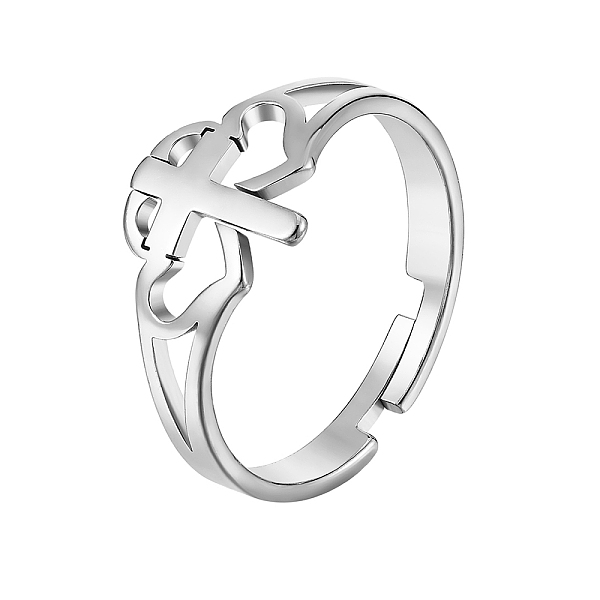 

PandaHall Heart Cross 304 Stainless Steel Adjustable Ring for Women, Stainless Steel Color, US Size 7 1/4(17.5mm) 304 Stainless Steel