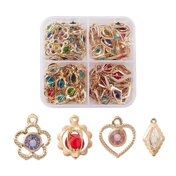 

PandaHall 80Pcs 4 Style Rack Plating Eco-Friendly Iron Pendants, with Rhinestone, Flower & Heart & Round & Rhombus Charms, Mixed Color..., Multicolor