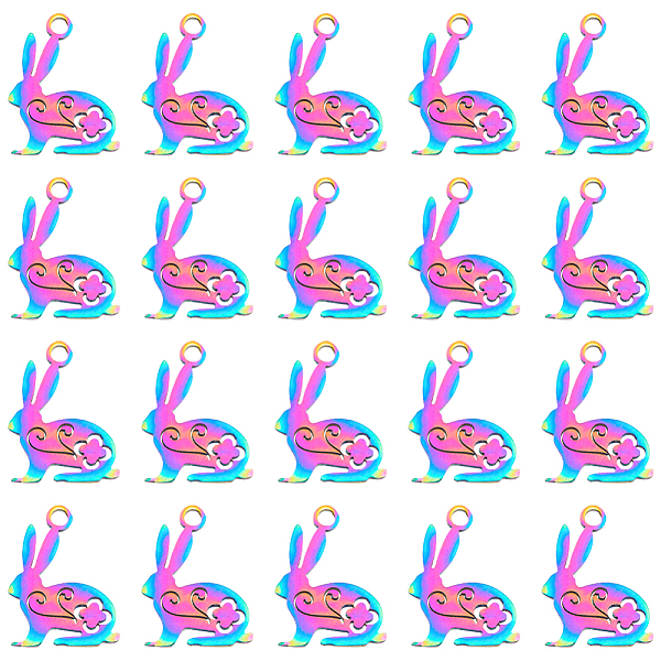 Hobbyay 20 個 201 ステンレス鋼バニーチャーム 16x12 ミリメートル虹色のウサギのチャーム動物イースターバニーペンダントイースターネックレスブレスレットイヤリング作り