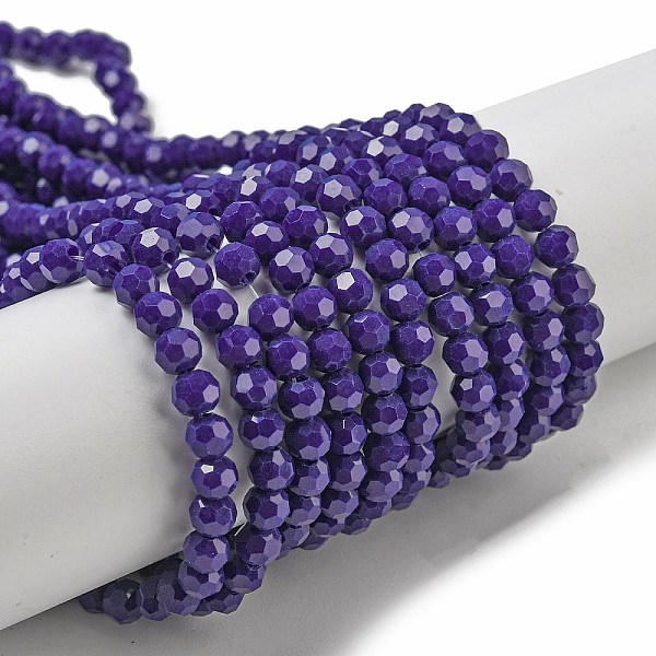 

PandaHall Opaque Glass Beads Stands, Faceted(32 Facets), Round, Marine Blue, 4mm, Hole: 0.7mm, about 87~93pcs/strand, 32~33cm Glass Round