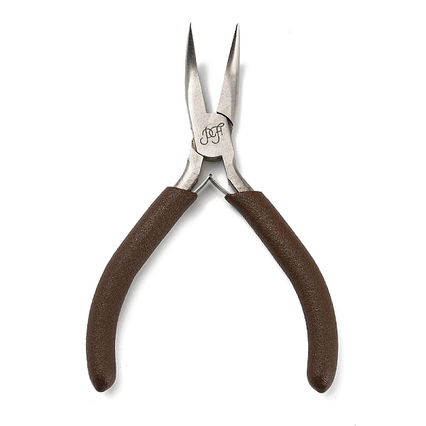 PandaHall Steel Jewelry Pliers, Bent Nose Plier, with Plastic Handle, Coconut Brown, 11.5x8.5x1cm Steel