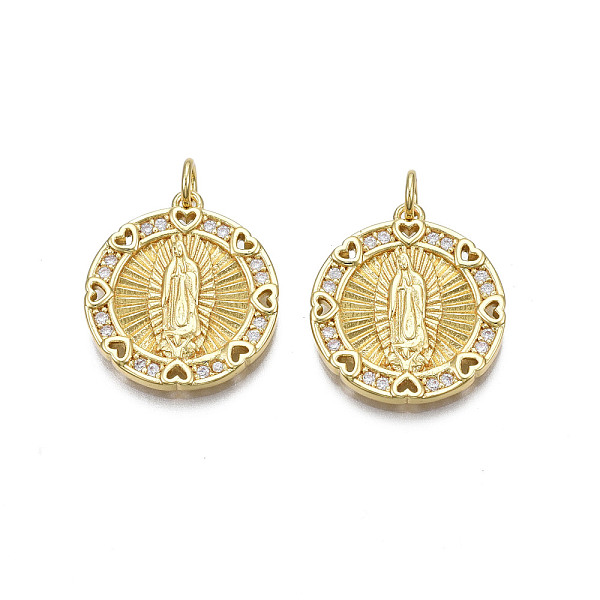 

PandaHall Brass Micro Pave Cubic Zirconia Pendants, Nickel Free, Real 18K Gold Plated, Flat Round with Saint, Clear, 20x18x2mm, Jump Ring...