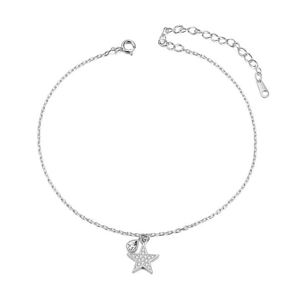 

PandaHall SHEGRACE Rhodium Plated 925 Sterling Silver Charm Anklet, with AAA Cubic Zirconia, Star and Flat Round, Platinum, 8.3 inch(21cm)..., Clear