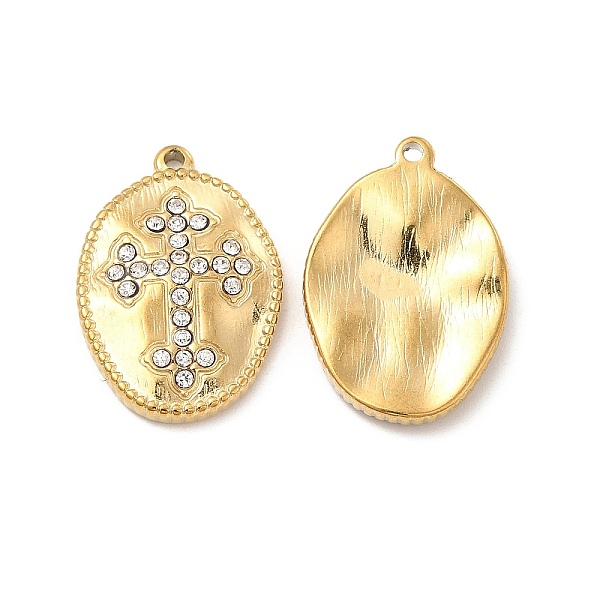 

PandaHall Vacuum Plating 201 Stainless Steel with Rhinestone Pendants, Real 18K Gold Plated, Oval with Cross Pattern Charms, Crystal..., Clear