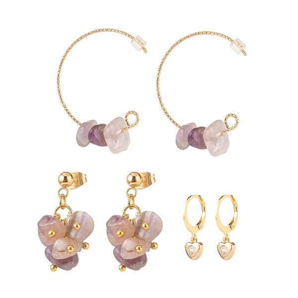 

PandaHall 3 Pairs 3 Style Natural Amethyst Chips Beaded Cluster Dangle Stud & Leverback Earrings, Brass Half Hoop Earrings for Women, Golden...