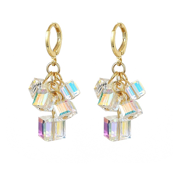 

PandaHall Brass Dangle Leverback Earrings, Cube Cluster Earrings, Golden, 40mm Glass Cube