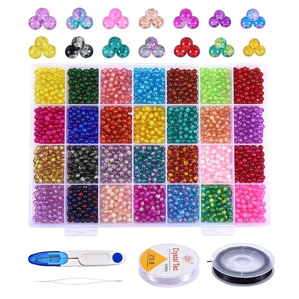

PandaHall DIY Stretch Bracelet Making Kits, 2380Pcs 28 Colors Spray Painted Crackle Glass Beads, 2 Rolls Elastic Crystal Thread, Sewing..., Multicolor