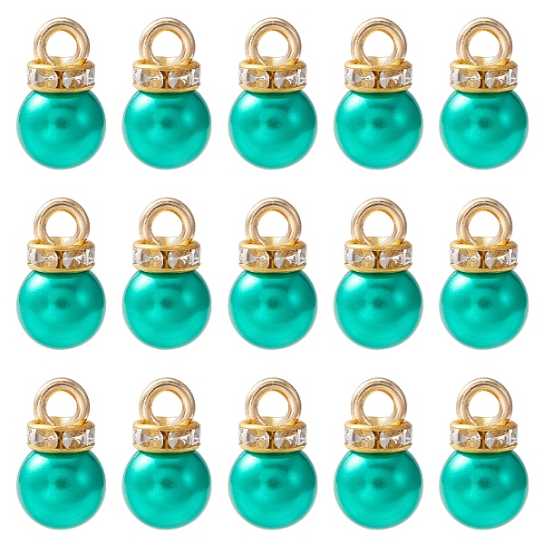 

PandaHall ABS Plastic Charms, with Golden Tone Iron Findings and Rhinestone, Dyed, Round Charm, Light Sea Green, 13.5x8mm, Hole: 2.5mm...