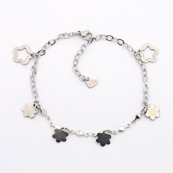 

PandaHall 304 Stainless Steel Flower Charms Bracelets, with 304 Stainless Steel Findings, Lobster Claw Clasps and End Chains, Stainless...