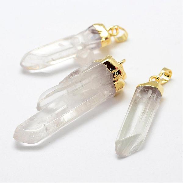 

PandaHall Natural Quartz Crystal Pendants, with Brass Findings, Faceted, Polishing, Nuggets, Golden, 44~57.5x9.9~17x7~15mm, Hole: 5x8mm..., Clear