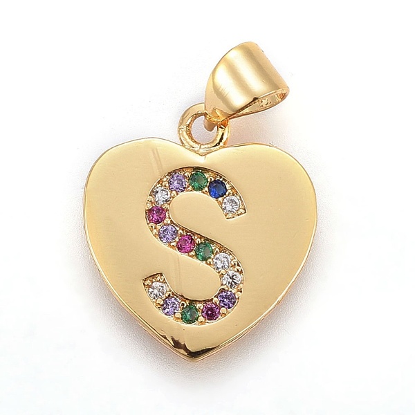 

PandaHall Brass Micro Pave Cubic Zirconia Pendants, Heart with Letter, Colorful, Letter.S, 17x15x1.5mm, Hole: 3.5x4.5mm Brass+Cubic Zirconia...