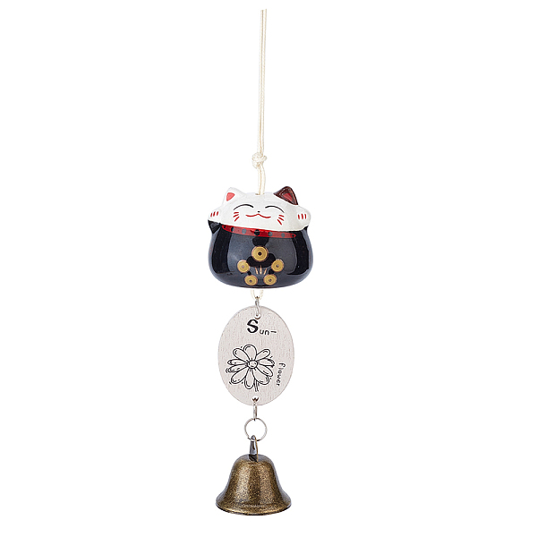 

PandaHall Porcelain Maneki Neko Wind Chimes, Alloy Bell Hanging Ornament for Landscape Outdoor Balcony Decoration, with Wood Lucky Card..., Black