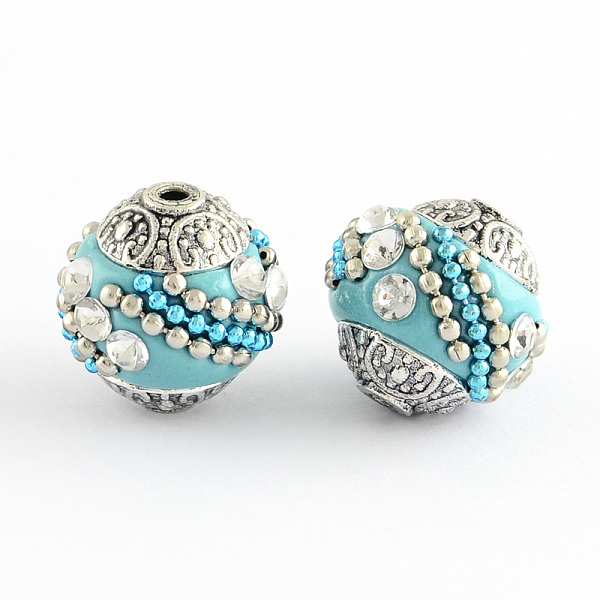 

PandaHall Handmade Indonesia Beads, with Crystal Rhinestones and Alloy Cores, Round, Antique Silver, Light Sky Blue, 14~16x14~16mm, Hole...