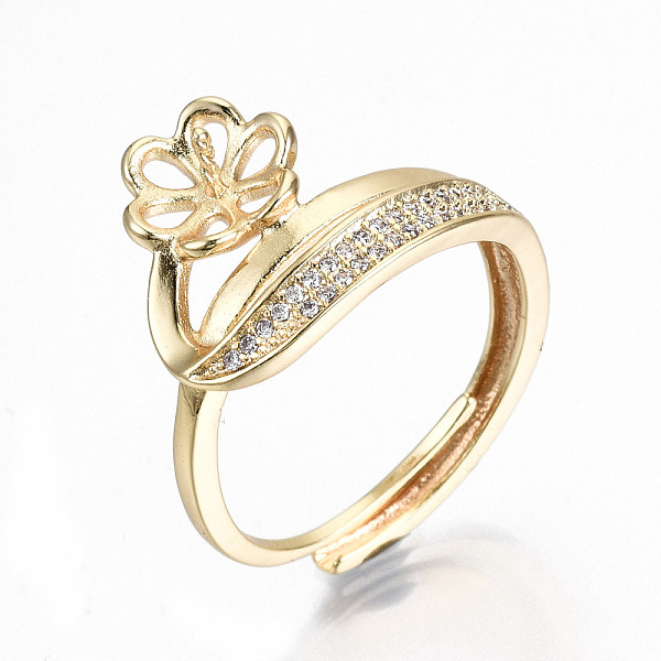 

PandaHall Adjustable Brass Micro Cubic Zirconia Finger Ring Settings, For Half Drilled Beads, Nickel Free, Flower, Clear, Real 18K Gold...
