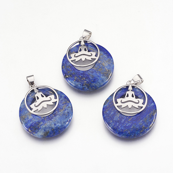 

PandaHall Natural Lapis Lazuli Pendants, with Platinum Tone Brass Findings, Flat Round with Buddha, 32x28x7mm, Hole: 4x5mm Lapis Lazuli Flat..., Blue