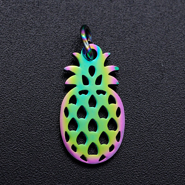 

PandaHall Ion Plating(IP) 201 Stainless Steel Pendants, with Jump Rings, Pineapple, Rainbow Color, 17.5x9x1mm, Jump Ring: 5x0.8mm, Inner...