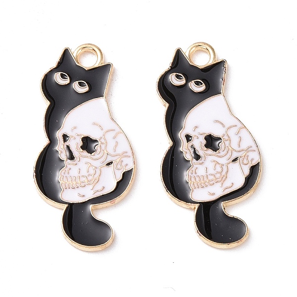 

PandaHall Halloween Alloy Enamel Pendants, Light Gold, Cat with Skull, Black, 27.5x13x1mm, Hole: 2mm Alloy+Enamel Cat Shape Black
