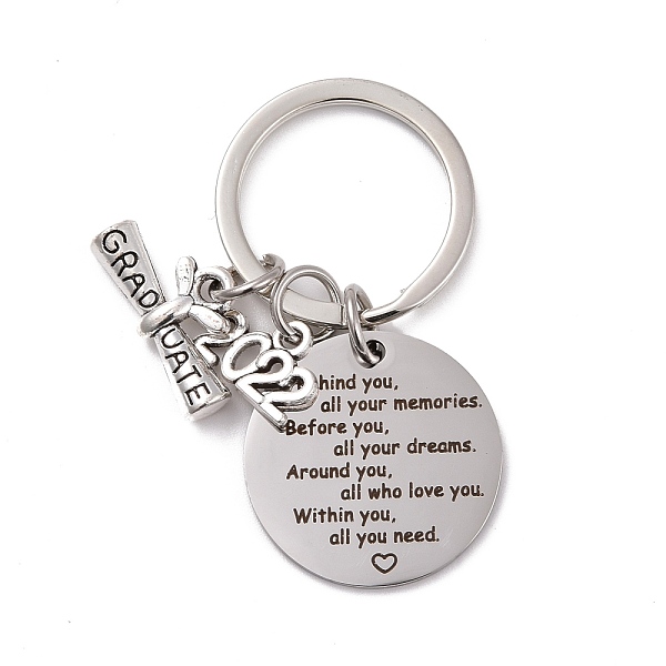 

PandaHall Graduation Theme 201 Stainless Steel Keychain Clasps, Flat Round with 2022 & Diploma, Word, 52mm Stainless Steel Word
