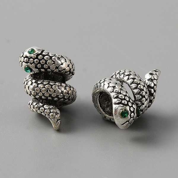 

PandaHall Alloy European Beads, Large Hole Beads, with Rhinestone, Snake, Antique Silver, Emerald, 14x9~10mm, Hole: 4.3mm Alloy+Rhinestone..., Green