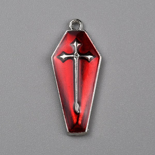

PandaHall Halloween Theme Alloy Enamel Pendants, Coffin with Cross Charm, Platinum, Dark Red, 26x11x3mm, Hole: 1.2mm Alloy+Enamel Others Red