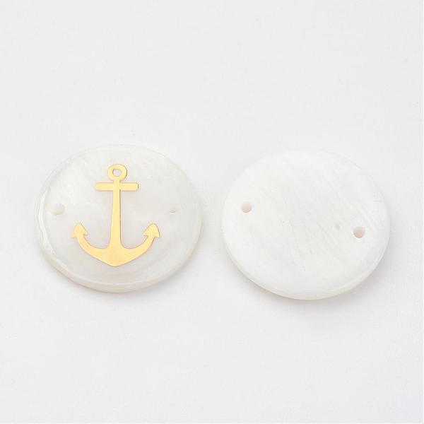 

PandaHall Freshwater Shell Links connectors, Flat Round with Gold Blocking Anchor, Golden, 20x3~4mm, Hole: 1.5mm Shell Flat Round