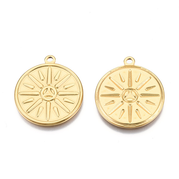 

PandaHall Ion Plating(IP) 201 Stainless Steel Pendants, Flat Round with Sun, Real 18K Gold Plated, 29x25x2mm, Hole: 2mm 201 Stainless Steel...