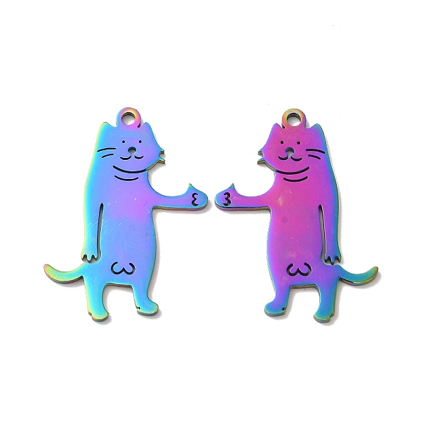 

PandaHall Ion Plating(IP) 304 Stainless Steel Pendants, Cat Charm, Rainbow Color, 35x26x1.5mm, Hole: 2.5mm 304 Stainless Steel Cat Shape