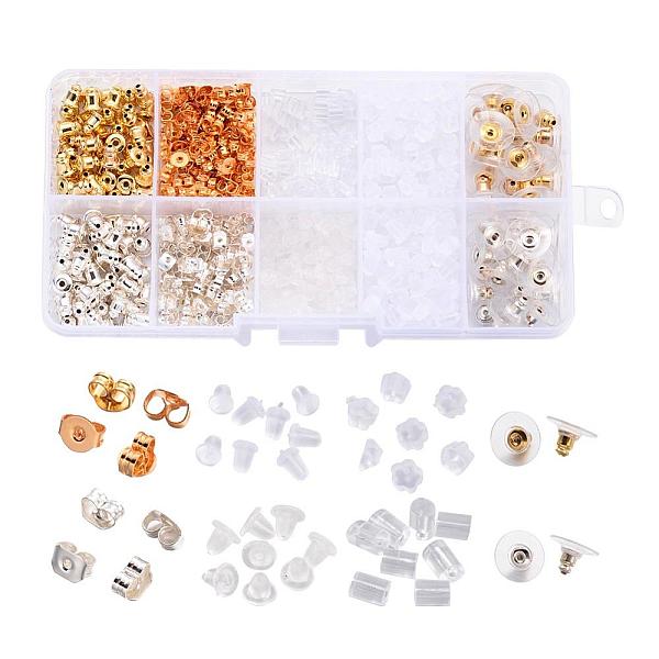 

PandaHall Jewelry Findings Sets, Ear Nuts/Earring Backs Sets, Mixed Color, 3~5x2.5~6mm, Hole: 0.3~1mm, 740pcs/box Brass Multicolor