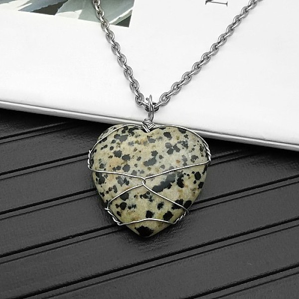 

PandaHall Natural Dalmatian Jasper Pendant Necklaces, 19.69 inch(50cm) Dalmatian Jasper Heart