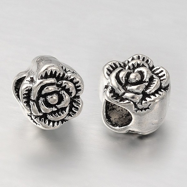 

PandaHall Tibetan Style Alloy European Beads, Large Hole Rose Flower Beads, Antique Silver, 10x9mm, Hole: 4.5mm Alloy Flower