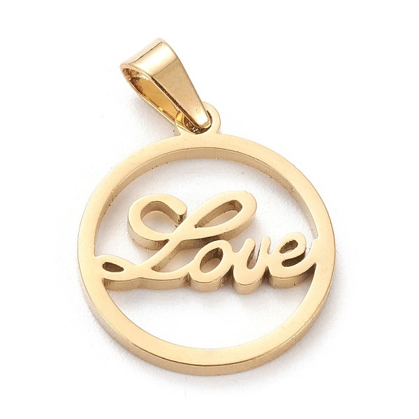 

PandaHall 304 Stainless Steel Pendants, Laser Cut, Ring with Word LOVE, Golden, 18.5x16.5x1mm, Hole: 5x3mm 304 Stainless Steel Ring