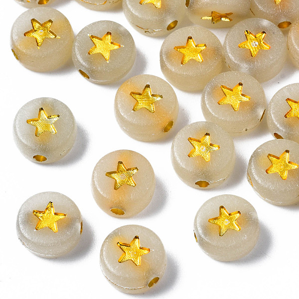 

PandaHall Luminous Acrylic Beads, Glow in the Dark, Metal Enlaced, Horizontal Hole, Flat Round with Star, Golden Plated, 7x3.5mm, Hole..., Clear