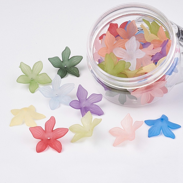 

PandaHall Transparent Acrylic Beads, Flower, Frosted, Dyed, Mixed Color, 27x8mm, Hole: 1.5mm, about 38~40pcs/box Acrylic Flower Multicolor