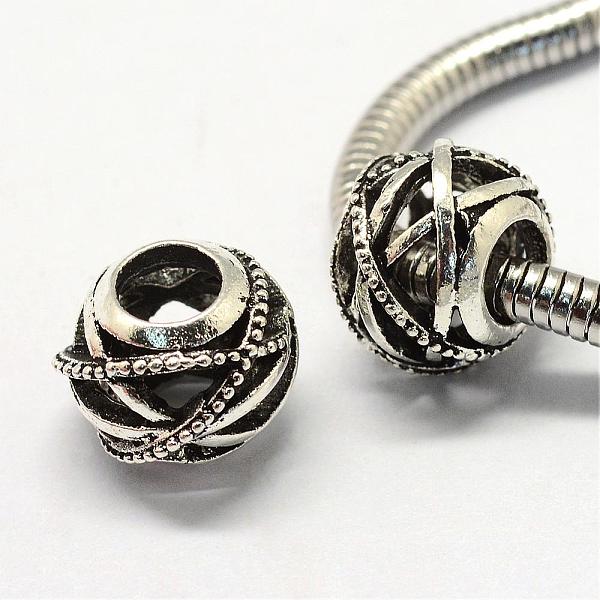 

PandaHall Alloy European Beads, Tibetan Style, Large Hole Beads, Barrel, Hollow, Antique Silver, 12x10mm, Hole: 5mm Alloy Barrel