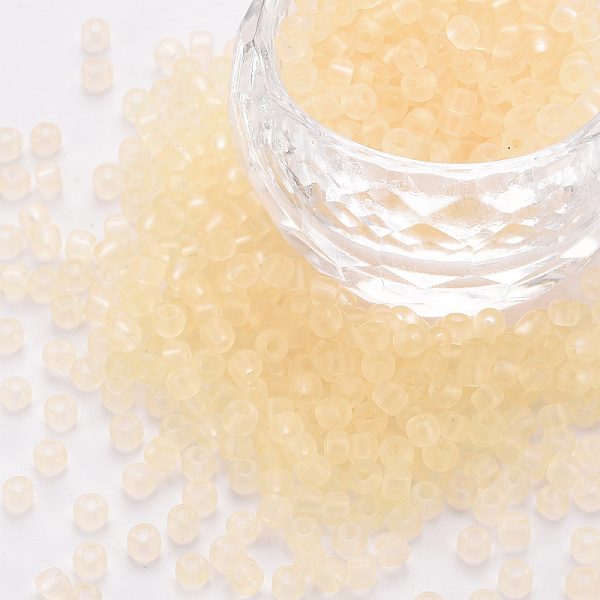 

PandaHall 8/0 Transparent Glass Seed Beads, Round Hole, Frosted Colours, Round, Light Yellow, 3~4x2~3mm, Hole: 0.8mm, about 15000pcs/Pound...