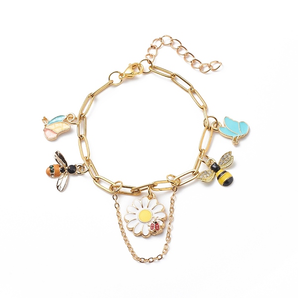 

PandaHall Alloy Enamel Flower & Bee & Butterfly Charm Bracelet with Paperclip Chains, Gold Plated 304 Stainless Steel Jewelry for Women...
