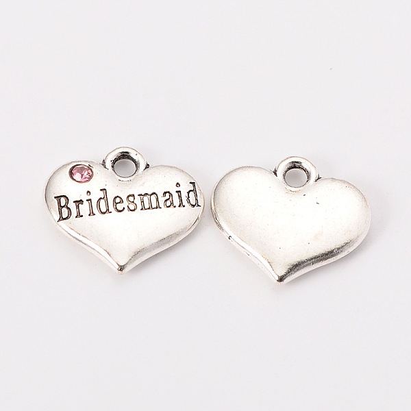 PandaHall Wedding Theme Antique Silver Tone Tibetan Style Heart with Bridesmaid Rhinestone Charms, Cadmium Free & Lead Free, Light Rose...