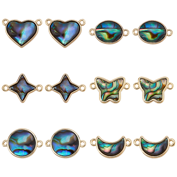 

PandaHall SUPERFINDINGS 12Pcs 6 Styles Paua Shell Connector Charms, with Brass Findings, Heart & Butterfly & Flat Round, Mixed Shapes...