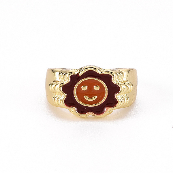 

PandaHall Alloy Enamel Wide Band Rings, Cadmium Free & Lead Free, Light Gold, Textured, Flower with Smiling Face, Chocolate, US Size 7 3/4..., Brown