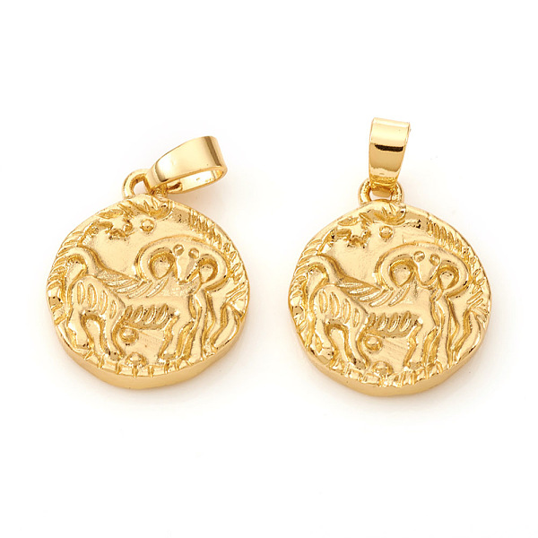 

PandaHall Brass Pendants, Textured, Flat Round with Constellation/Zodiac Sign, Real 18K Gold Plated, Aries, 16.5x14x2mm, Hole: 5x2.5mm Brass...