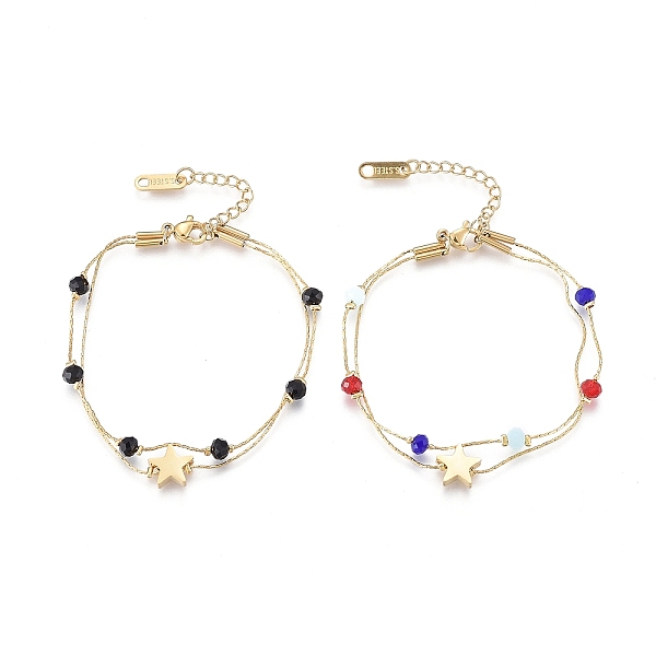 PandaHall 304 Stainless Steel Multi-strand Bracelets, with Faceted Glass Beads, Coreana Chains and Lobster Claw Clasps, Star, Mixed Color...