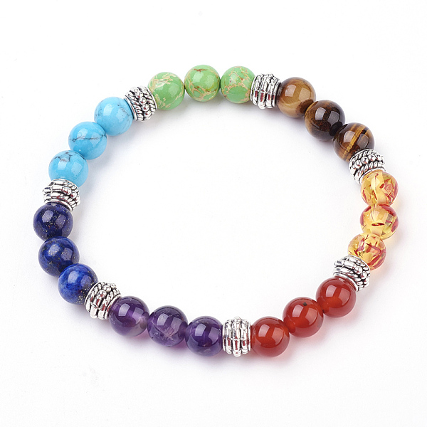 

PandaHall Gemstone Stretch Bracelets, with Alloy Findings, Round, Chakra Beaded Bracelets, 2-1/4 inch(57mm) Mixed Stone