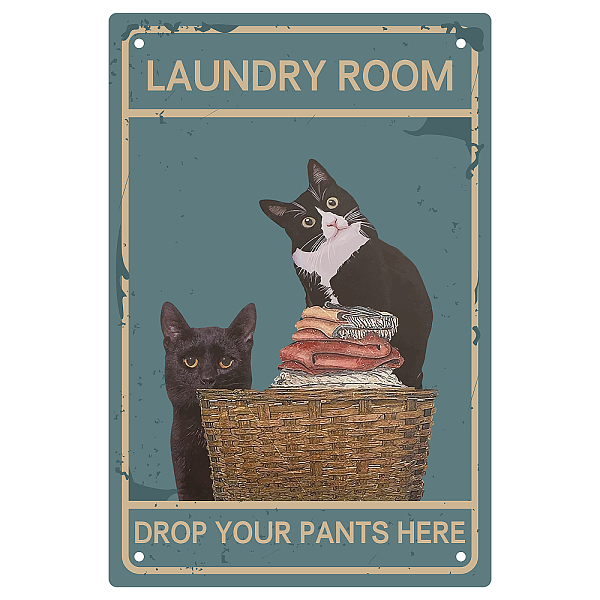 PandaHall Iron Sign Posters, for Home Wall Decoration, Rectangle with Word Laundry Room Drop Your Pants Here, Cat Pattern, 300x200x0.5mm...