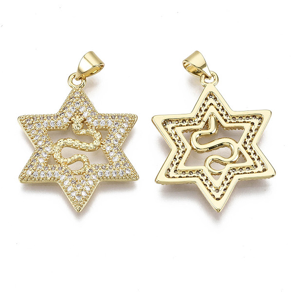 

PandaHall Brass Micro Pave Clear Cubic Zirconia Pendants, with Brass Snap on Bails, Nickel Free, Star of David with Snake, Real 16K Gold...
